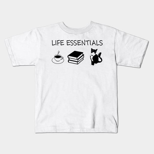 Life Essentials Coffee Books And Cat Kids T-Shirt by ValentinkapngTee